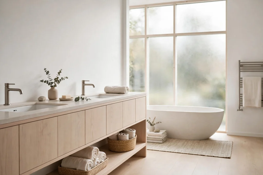 Scandinavian bathroom design ideas with white tiles, light oak vanity and bright calm atmosphere