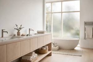 Scandinavian bathroom design ideas with white tiles, light oak vanity and bright calm atmosphere