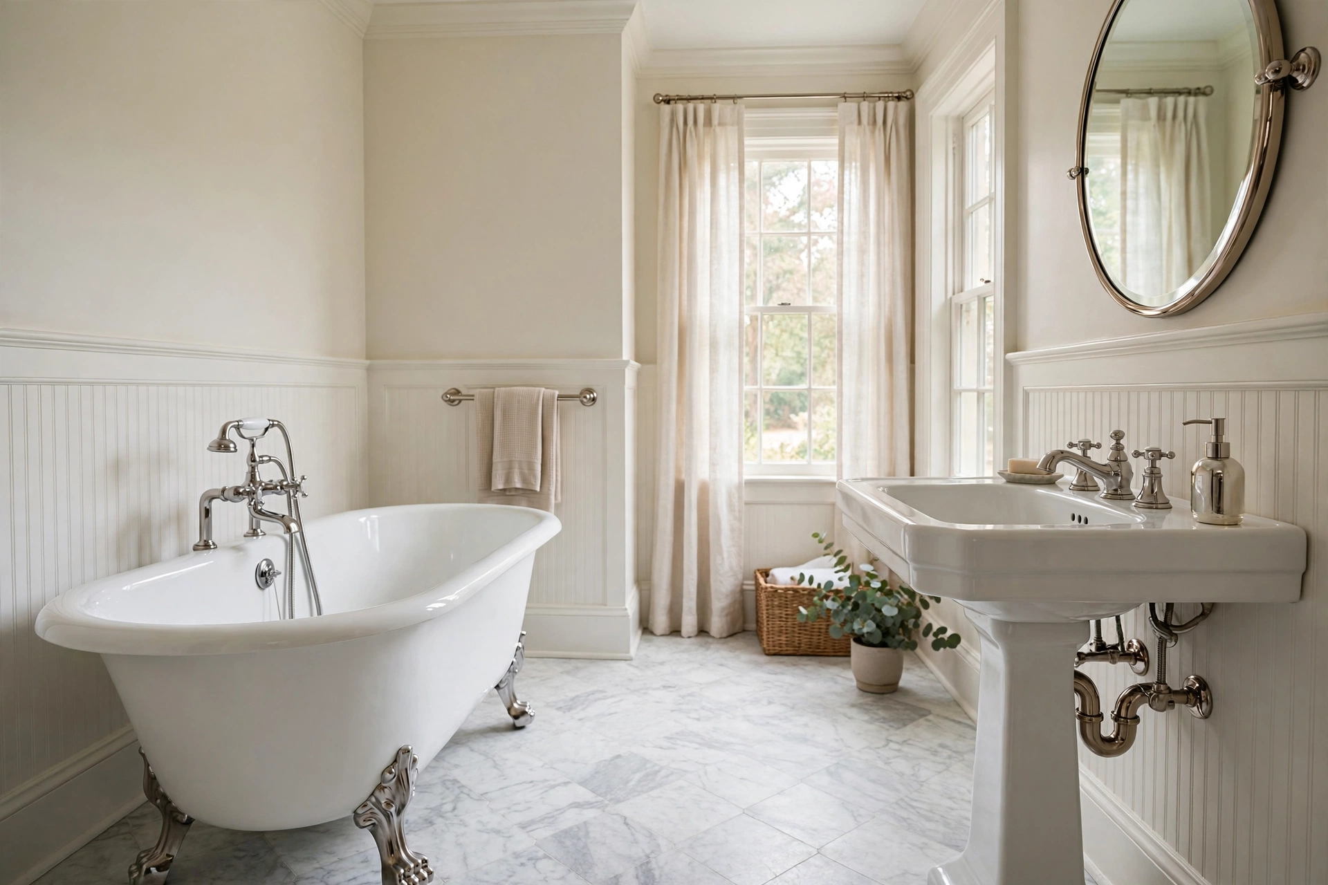 Traditional bathroom design ideas with clawfoot tub, pedestal sink, marble and classic chrome fixtures