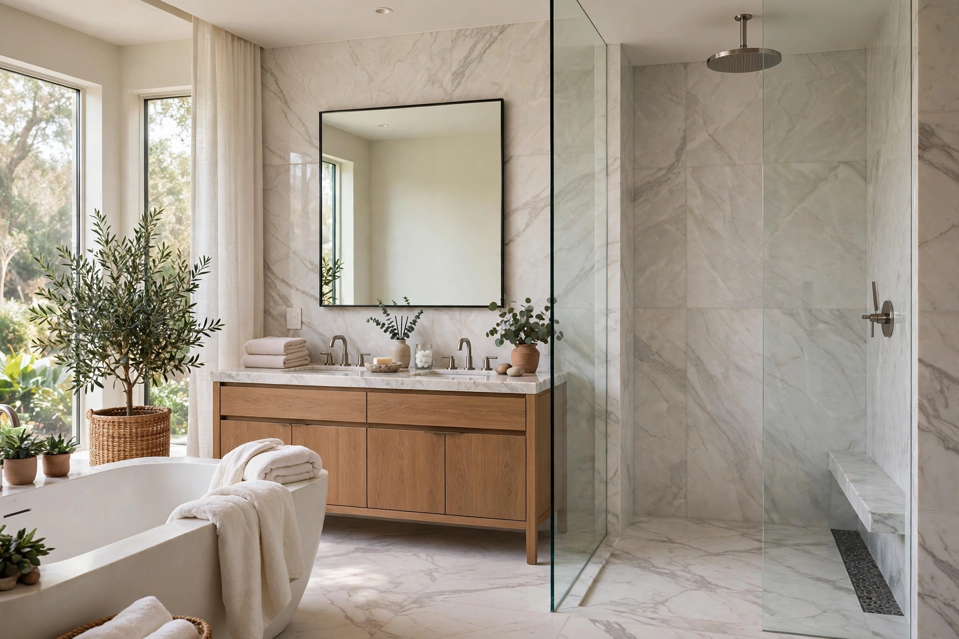 Walk-in shower design ideas with doorless glass shower, rain head and marble tile in a spa-like bathroom