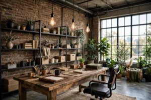 Industrial home office design ideas with reclaimed wood desk, black metal shelving and exposed brick wall