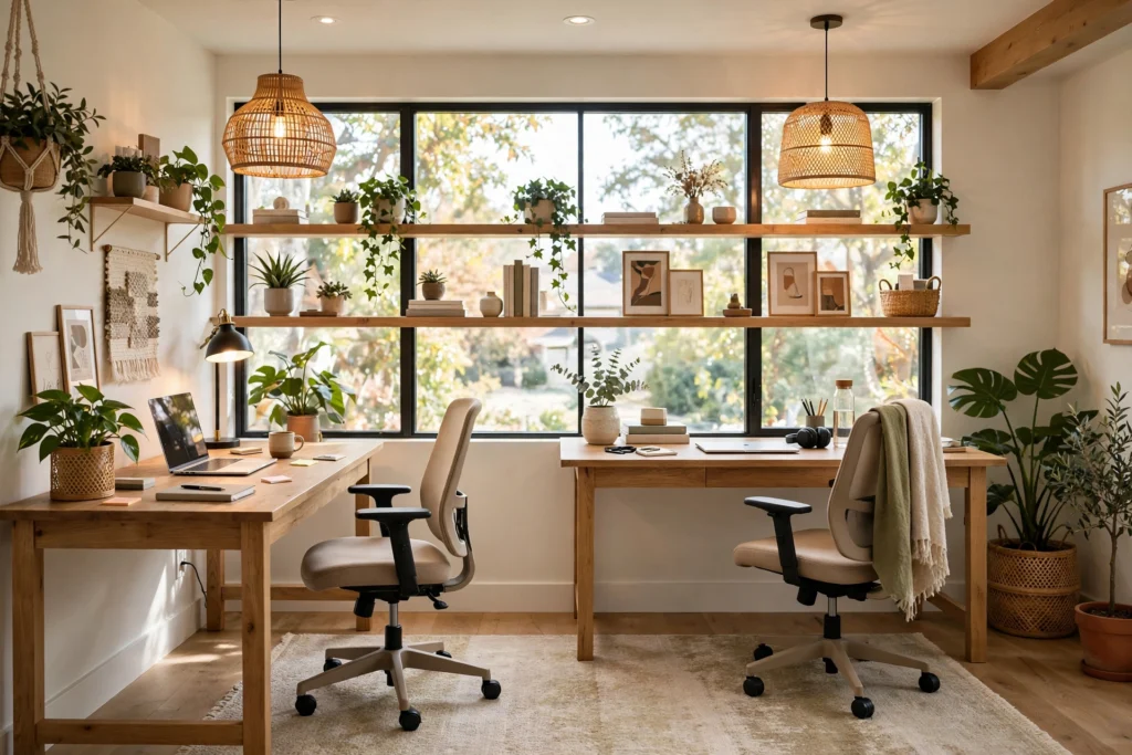 Wide shared home office for two with two matching desks, warm lighting and plants