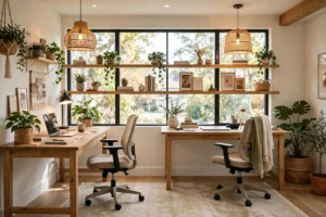 Wide shared home office for two with two matching desks, warm lighting and plants