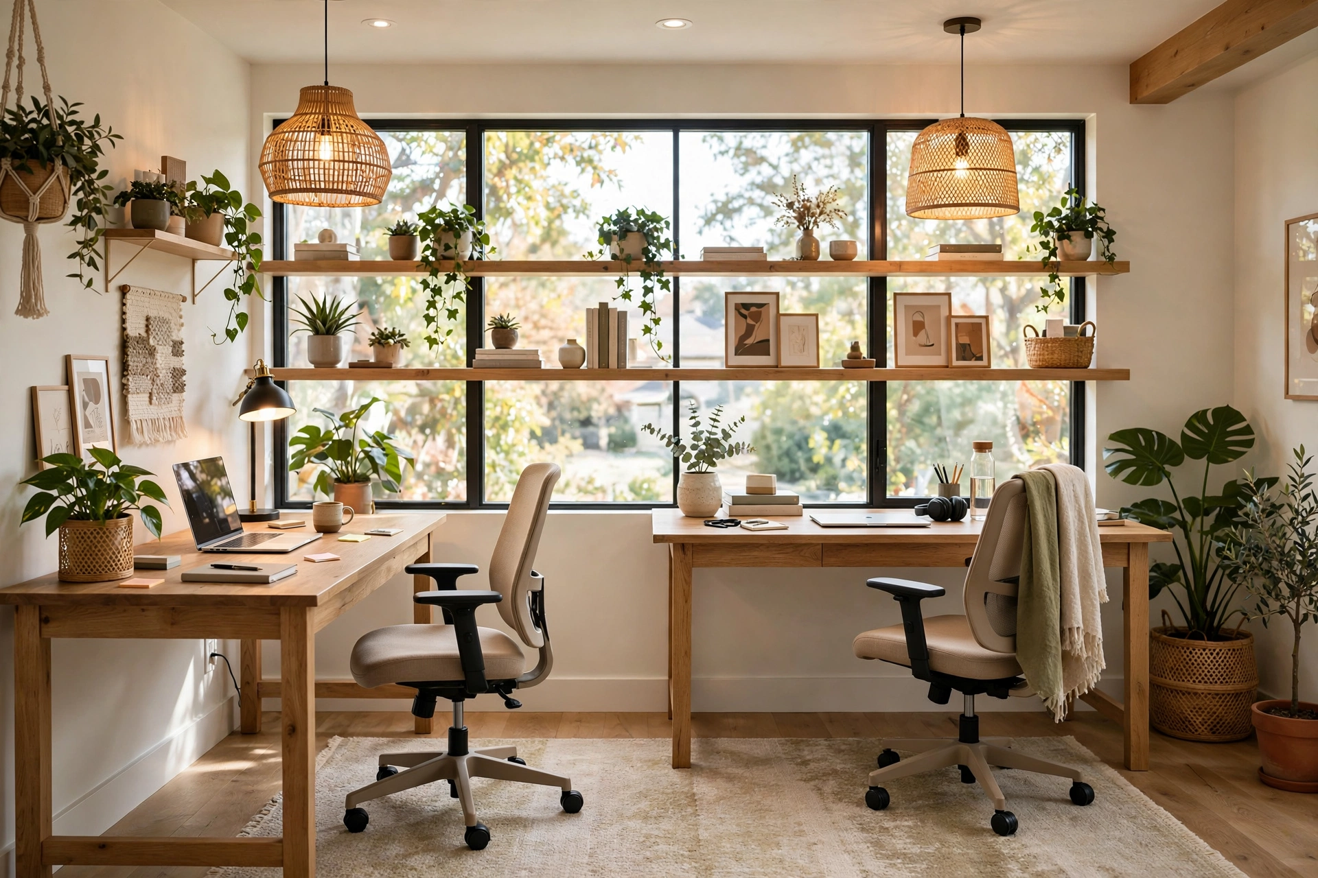 Wide shared home office for two with two matching desks, warm lighting and plants