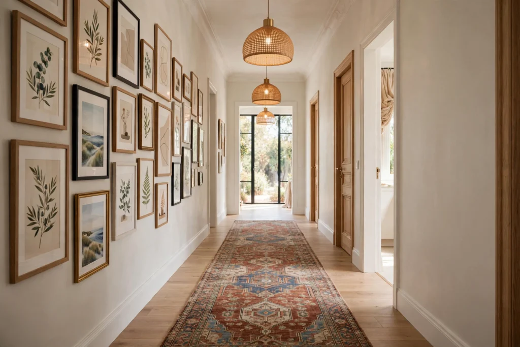 Stylish hallway with a patterned runner rug, gallery wall, and warm pendant lighting