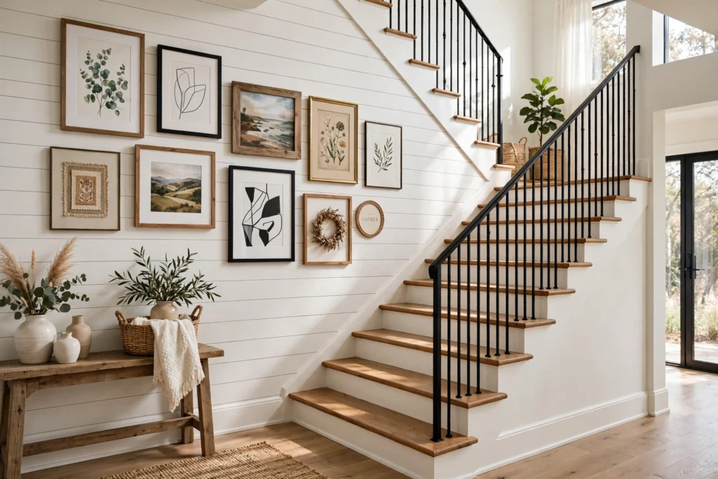 Wide view of a beautifully decorated staircase wall with an ascending gallery of framed art climbing alongside wooden stairs