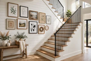 Wide view of a beautifully decorated staircase wall with an ascending gallery of framed art climbing alongside wooden stairs