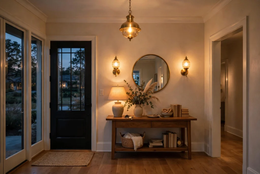 Entryway lighting ideas with a warm glowing pendant, sconces and welcoming foyer glow