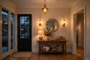 Entryway lighting ideas with a warm glowing pendant, sconces and welcoming foyer glow