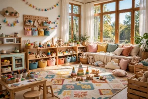 Playroom design ideas with colorful zones, toy storage, reading nook and bright cheerful decor