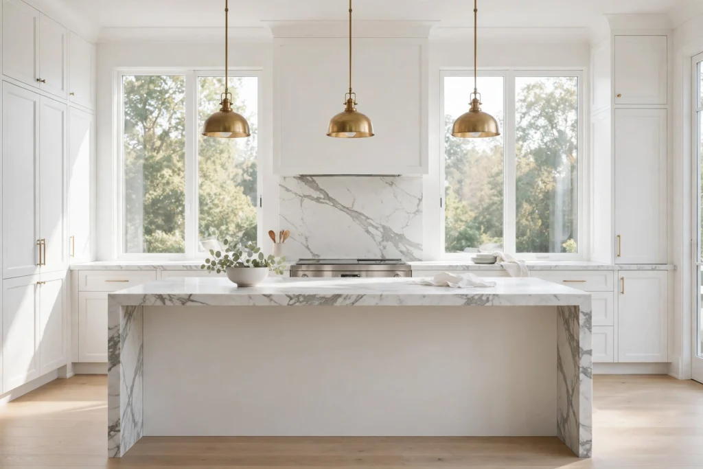 Bright white kitchen with shaker cabinets, marble island, and brass pendant lights