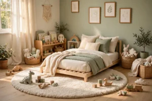 Toddler bedroom design ideas with a low floor bed, soft colors, rug and cozy safe decor