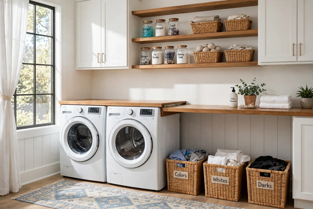 Organized laundry room with labeled storage jars, sorting bins, folding counter and shelves above machines