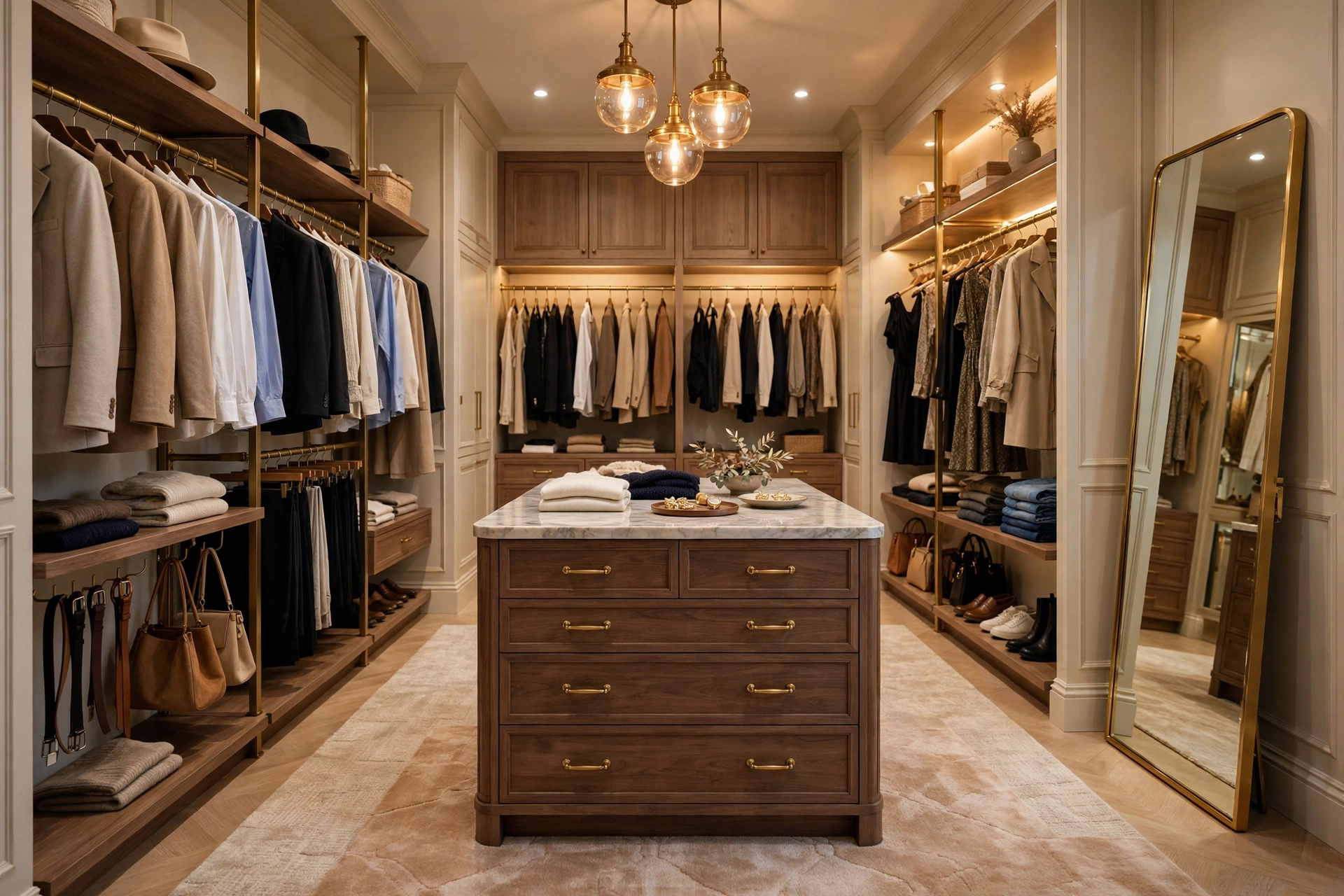 Luxurious walk-in closet with organized clothing racks, center island, warm lighting and a plush rug
