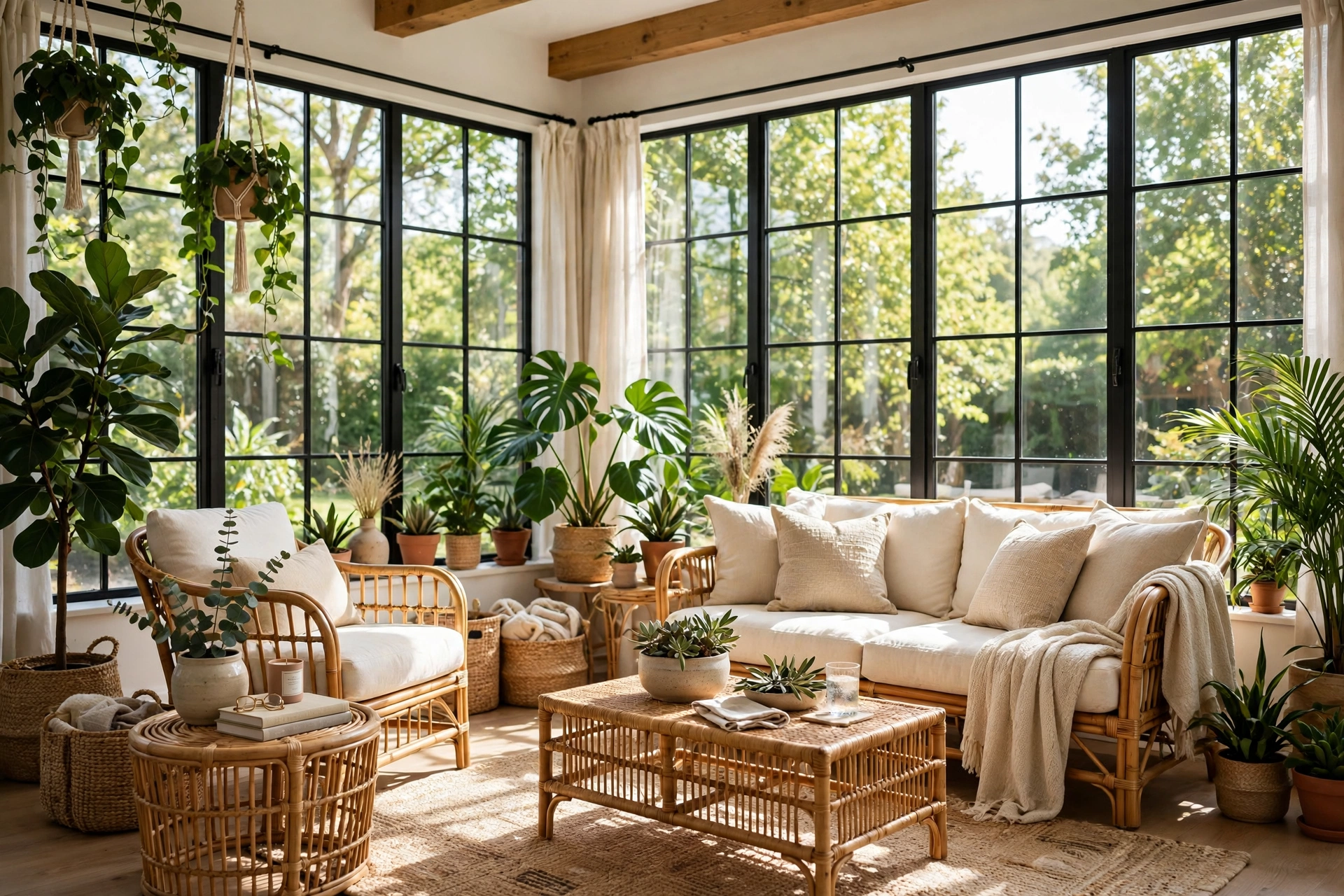 Bright sunroom with floor-to-ceiling windows, rattan furniture, lush plants and cozy seating