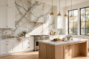 Kitchen backsplash ideas showcasing a stunning marble slab focal point in a bright modern kitchen.