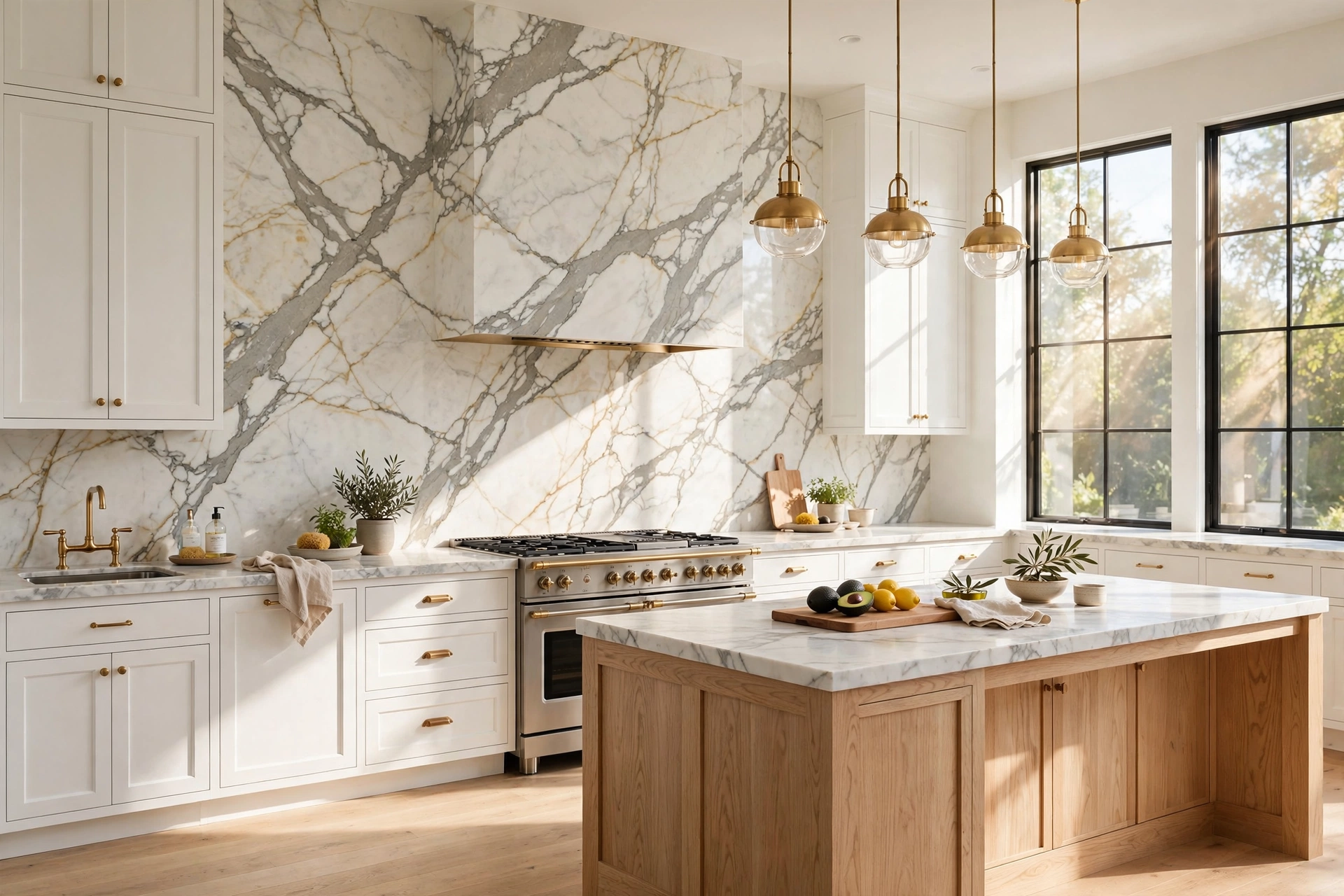 Kitchen backsplash ideas showcasing a stunning marble slab focal point in a bright modern kitchen.