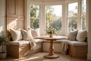 Breakfast nook ideas for a cozy morning corner with a built-in banquette and sunlit bay window.