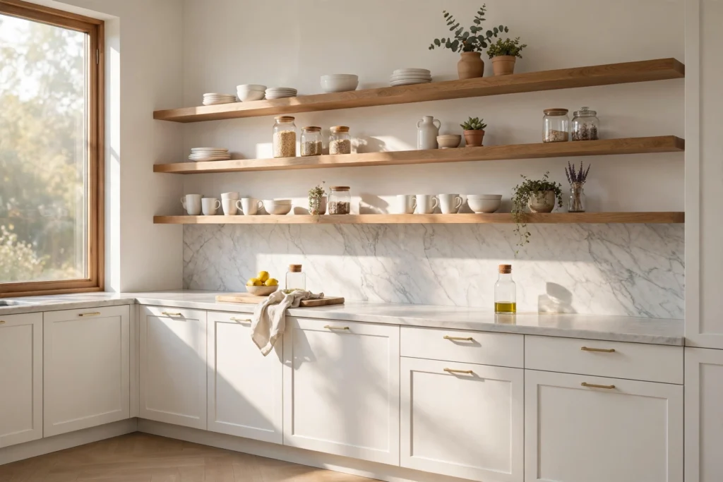 Open kitchen shelving ideas that look styled, not cluttered, with floating wood shelves and white ceramics.