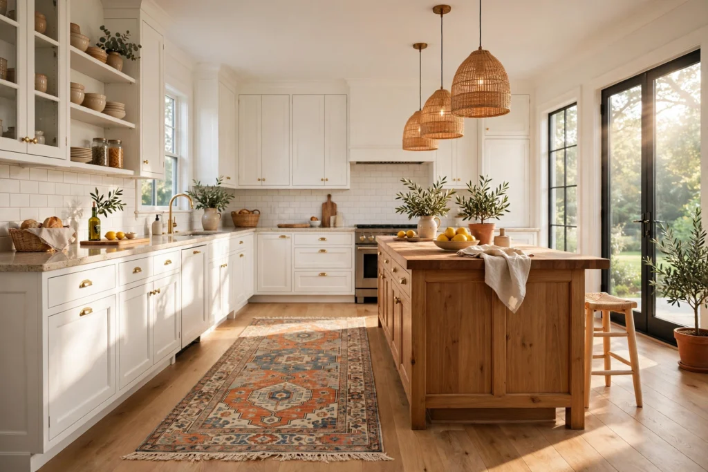 Kitchen rug ideas for warmth and practical comfort with a patterned runner in a bright kitchen.
