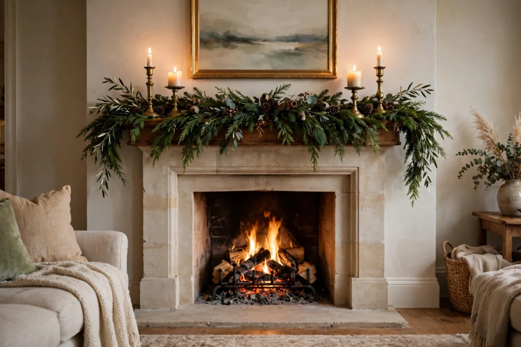 Fireplace mantel decor ideas for every season with an evergreen garland and candles.
