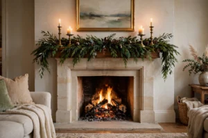 Fireplace mantel decor ideas for every season with an evergreen garland and candles.