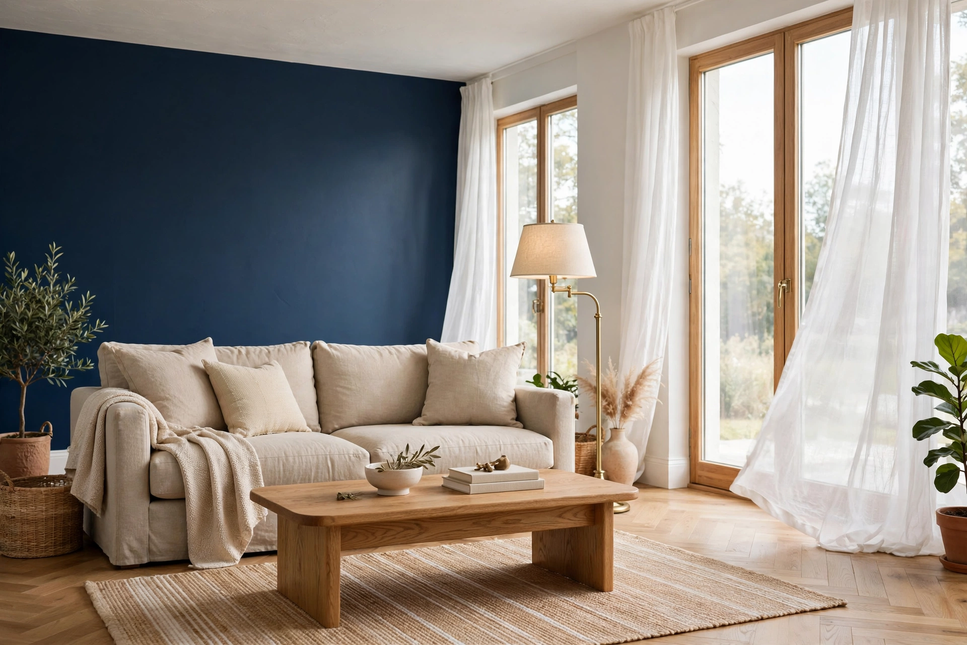 Living room accent wall ideas featuring a deep navy painted wall behind a beige linen sofa with brass accents in a bright living room.