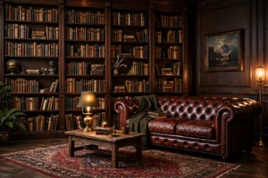 Dark academia living room with a floor-to-ceiling bookshelf wall, leather chesterfield sofa, and warm lamplight.