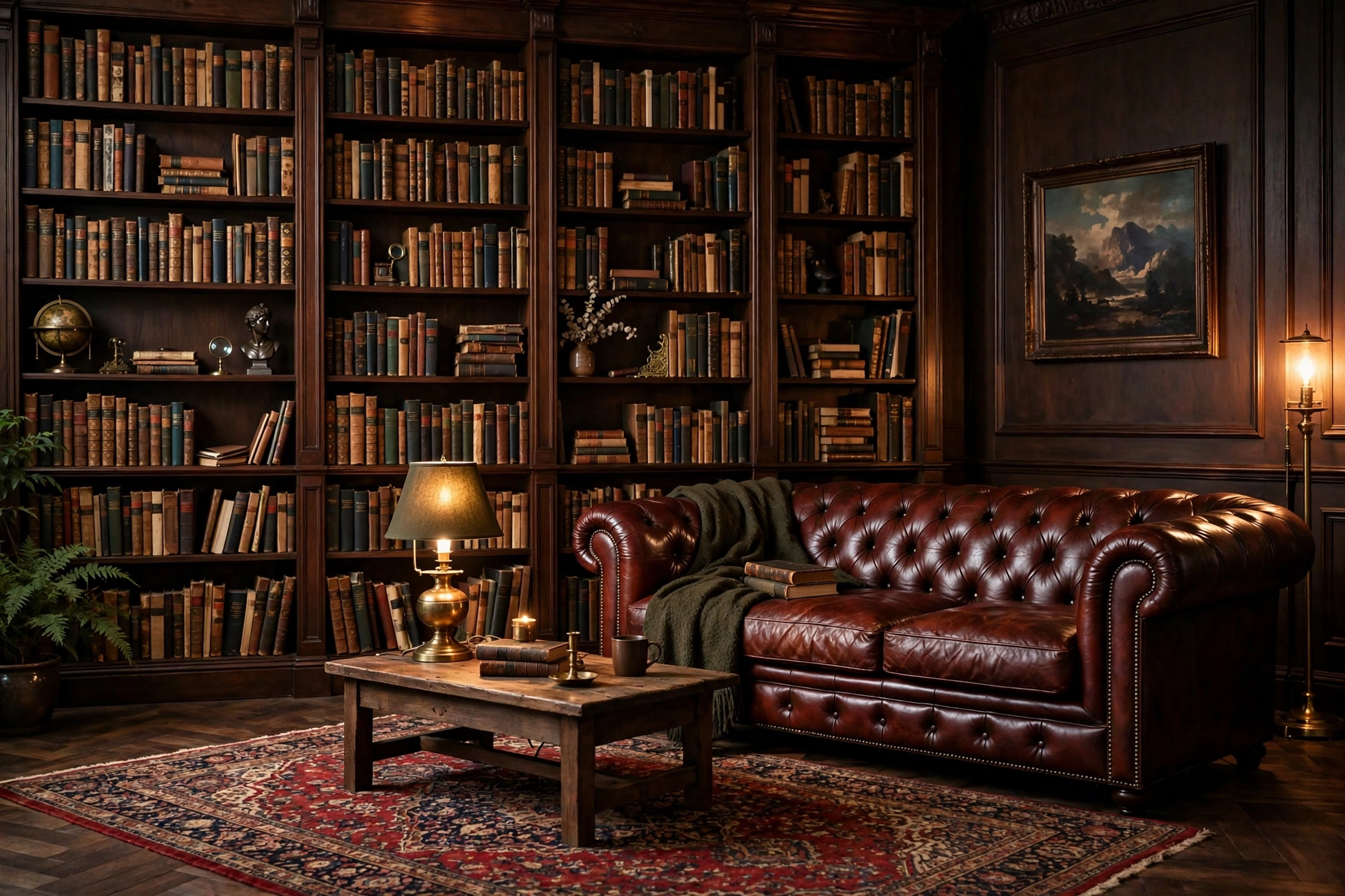 Dark academia living room with a floor-to-ceiling bookshelf wall, leather chesterfield sofa, and warm lamplight.