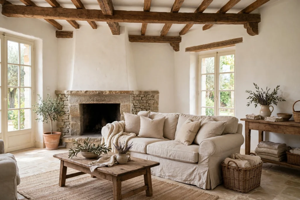 French country living room with creamy walls, exposed wood beams, a linen slipcovered sofa, and a stone fireplace.