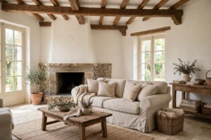 French country living room with creamy walls, exposed wood beams, a linen slipcovered sofa, and a stone fireplace.
