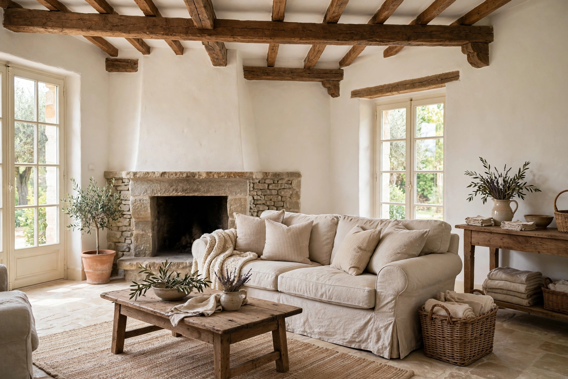 French country living room with creamy walls, exposed wood beams, a linen slipcovered sofa, and a stone fireplace.