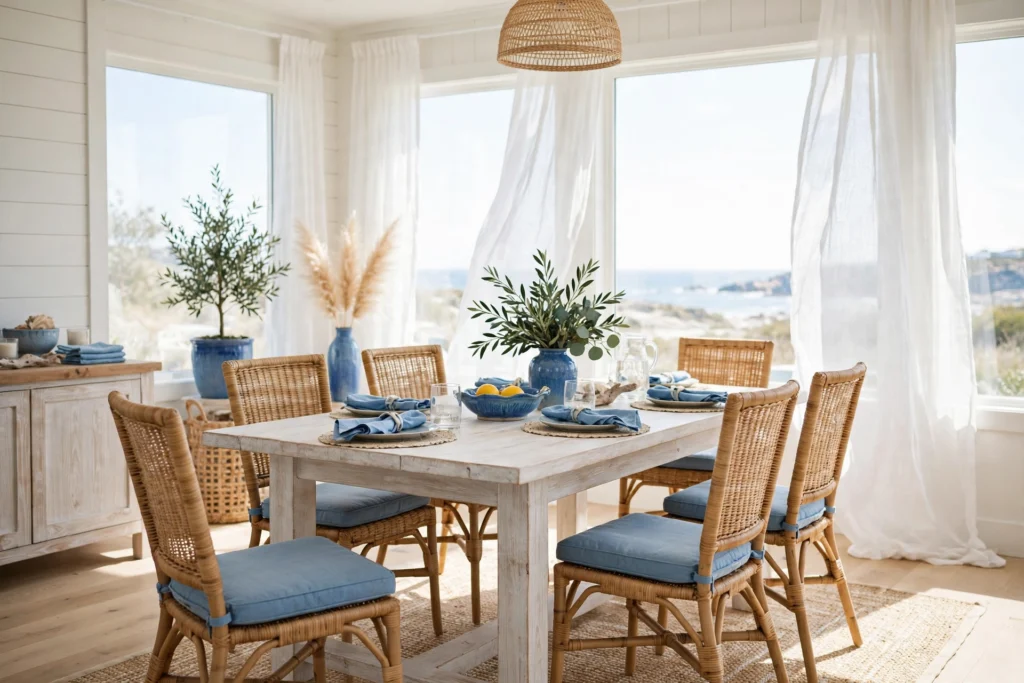 Coastal dining room ideas with a whitewashed wood table, rattan chairs, and sheer linen curtains in bright daylight.