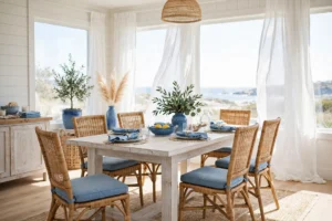 Coastal dining room ideas with a whitewashed wood table, rattan chairs, and sheer linen curtains in bright daylight.