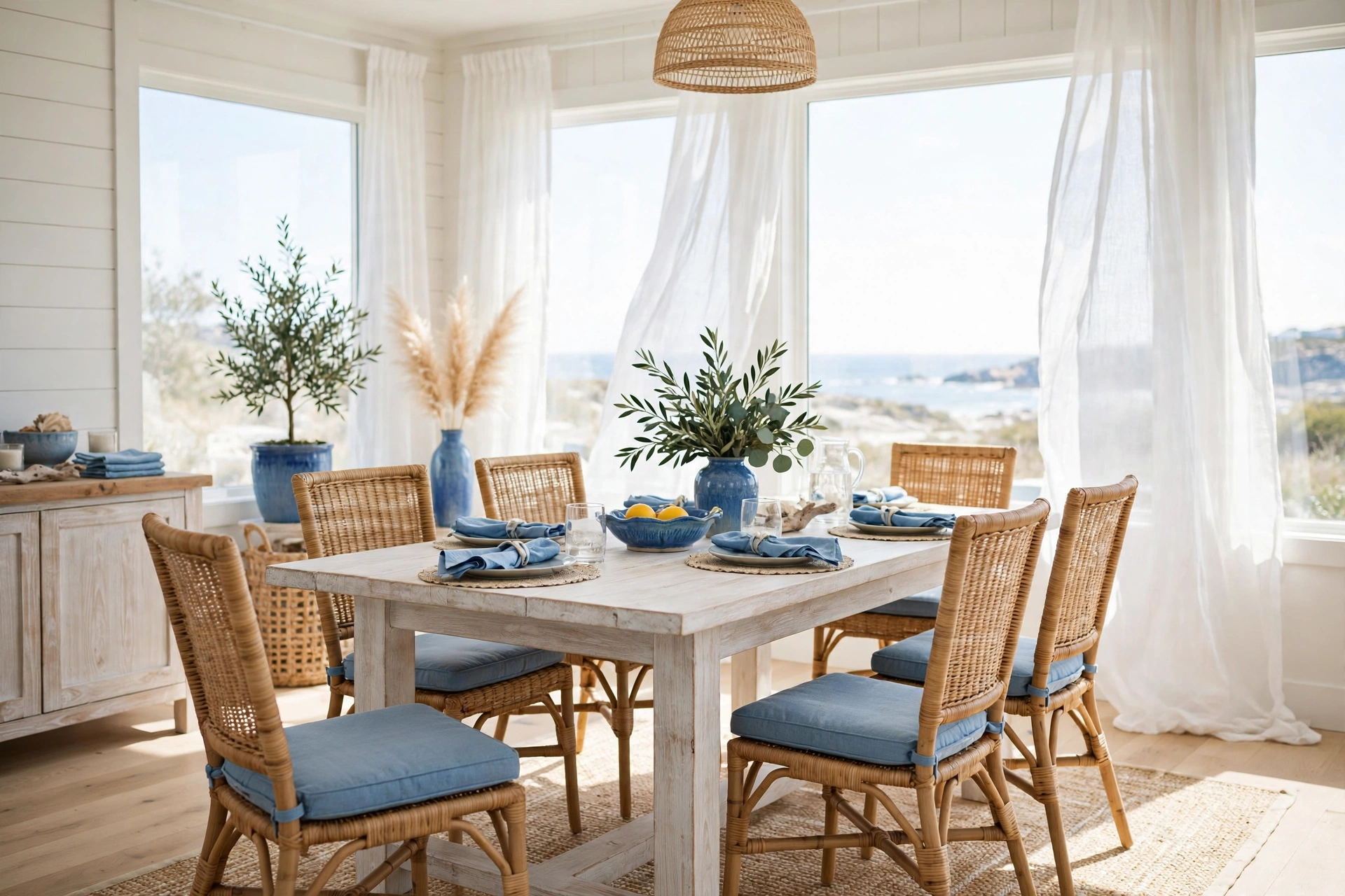 Coastal dining room ideas with a whitewashed wood table, rattan chairs, and sheer linen curtains in bright daylight.