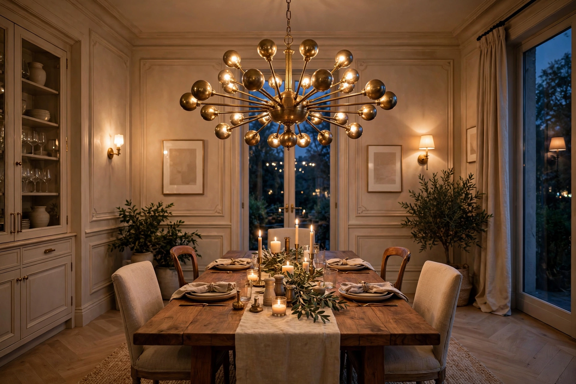 Dining room lighting ideas with an oversized brass chandelier over the table, wall sconces, and candlelight glow.