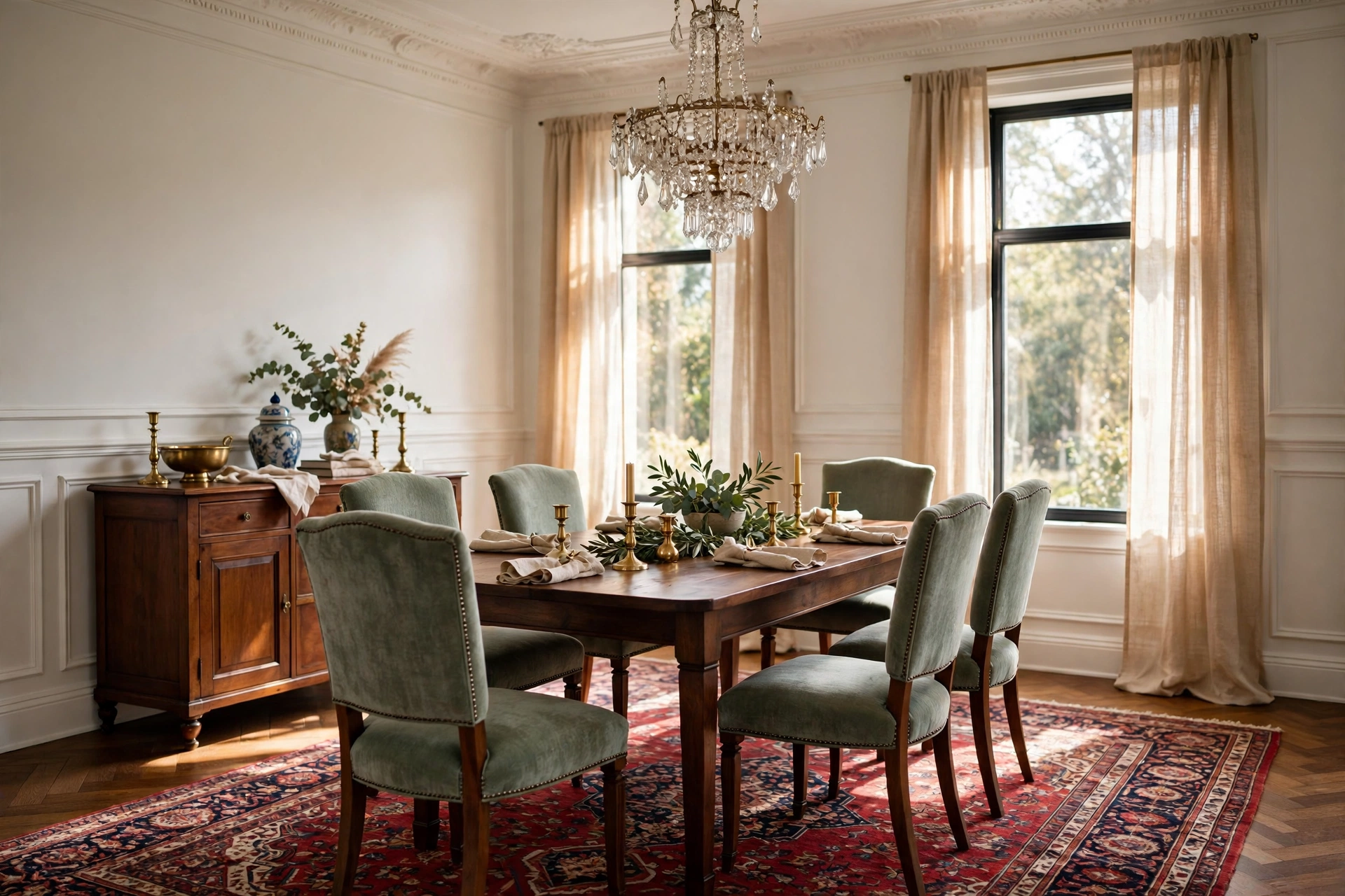 Traditional dining room with a dark wood dining table, upholstered chairs, crystal chandelier, and wainscoted walls in warm natural light.