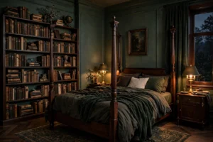 Dark academia bedroom with forest green walls, dark wood four-poster bed, tall bookshelf, and warm lamplight in the evening.