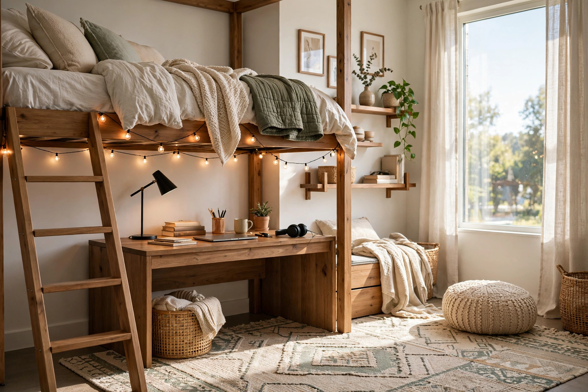 Stylish dorm room with a lofted bed, cozy bedding, string lights, desk area, and rug in bright daylight.