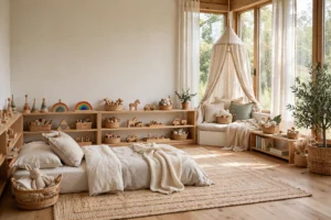 Bright montessori bedroom with a floor bed, low wooden shelves with toys, reading nook, and soft natural light.