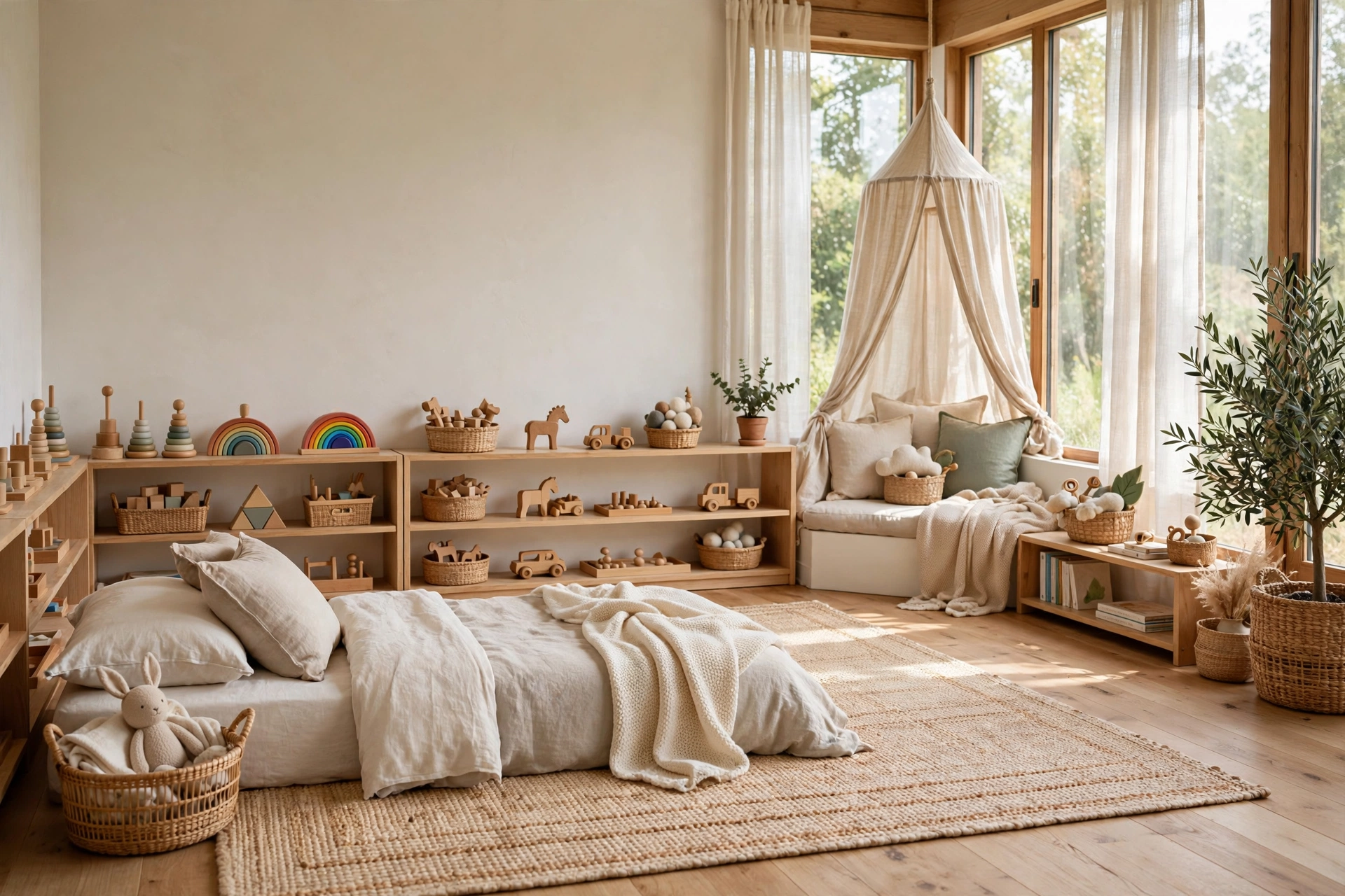 Bright montessori bedroom with a floor bed, low wooden shelves with toys, reading nook, and soft natural light.