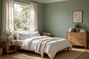 Serene sage green bedroom with painted walls, white bedding, natural wood furniture, and soft morning light.
