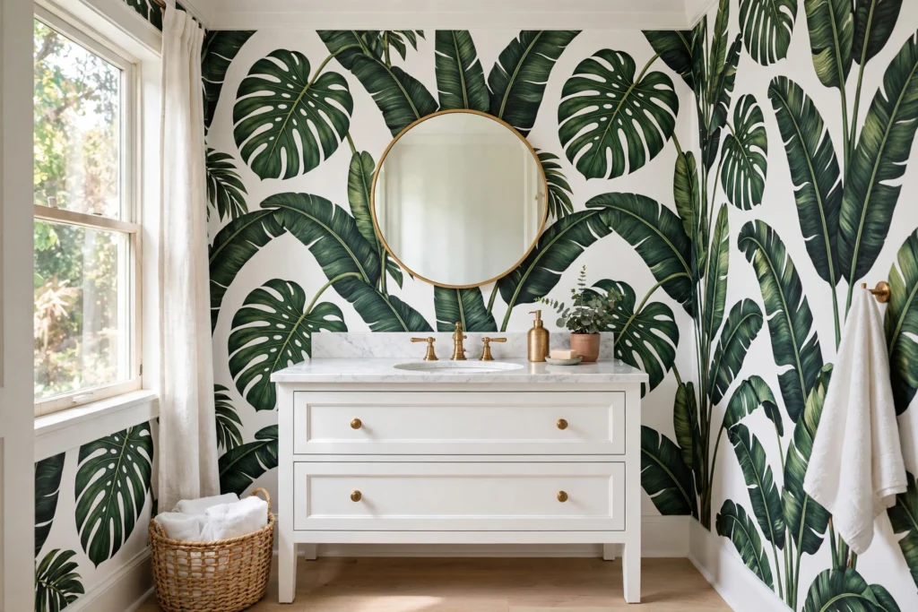 Bathroom wallpaper ideas: bold botanical wallpaper with oversized tropical leaves behind a white vanity in a bright bathroom.