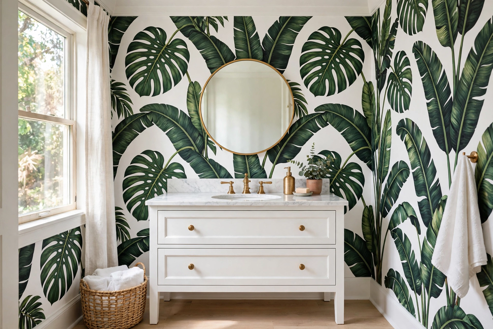Bathroom wallpaper ideas: bold botanical wallpaper with oversized tropical leaves behind a white vanity in a bright bathroom.