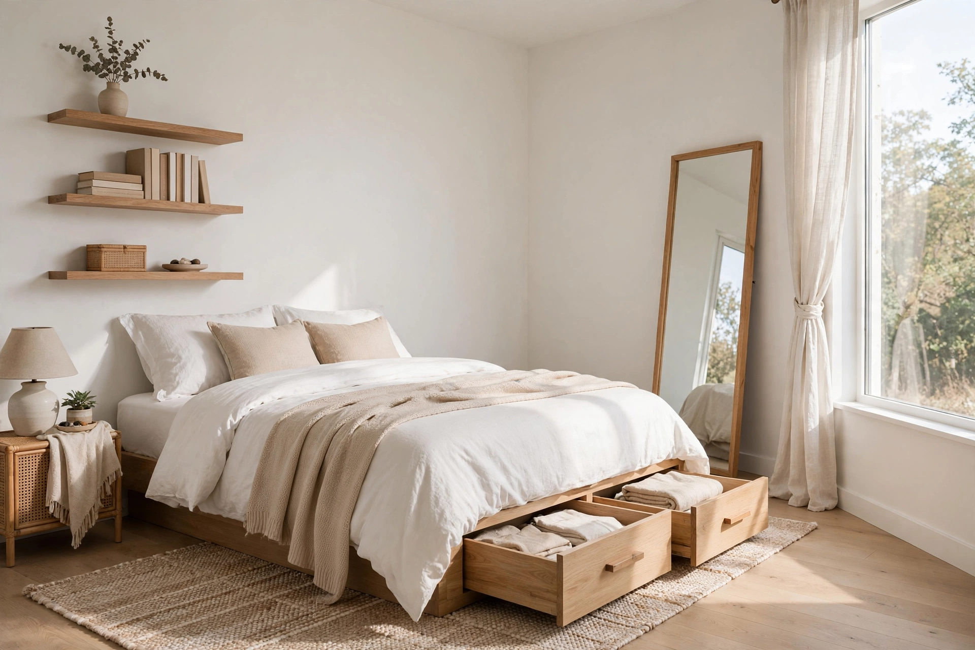 Small bedroom design ideas: bright tiny bedroom with smart storage that feels spacious