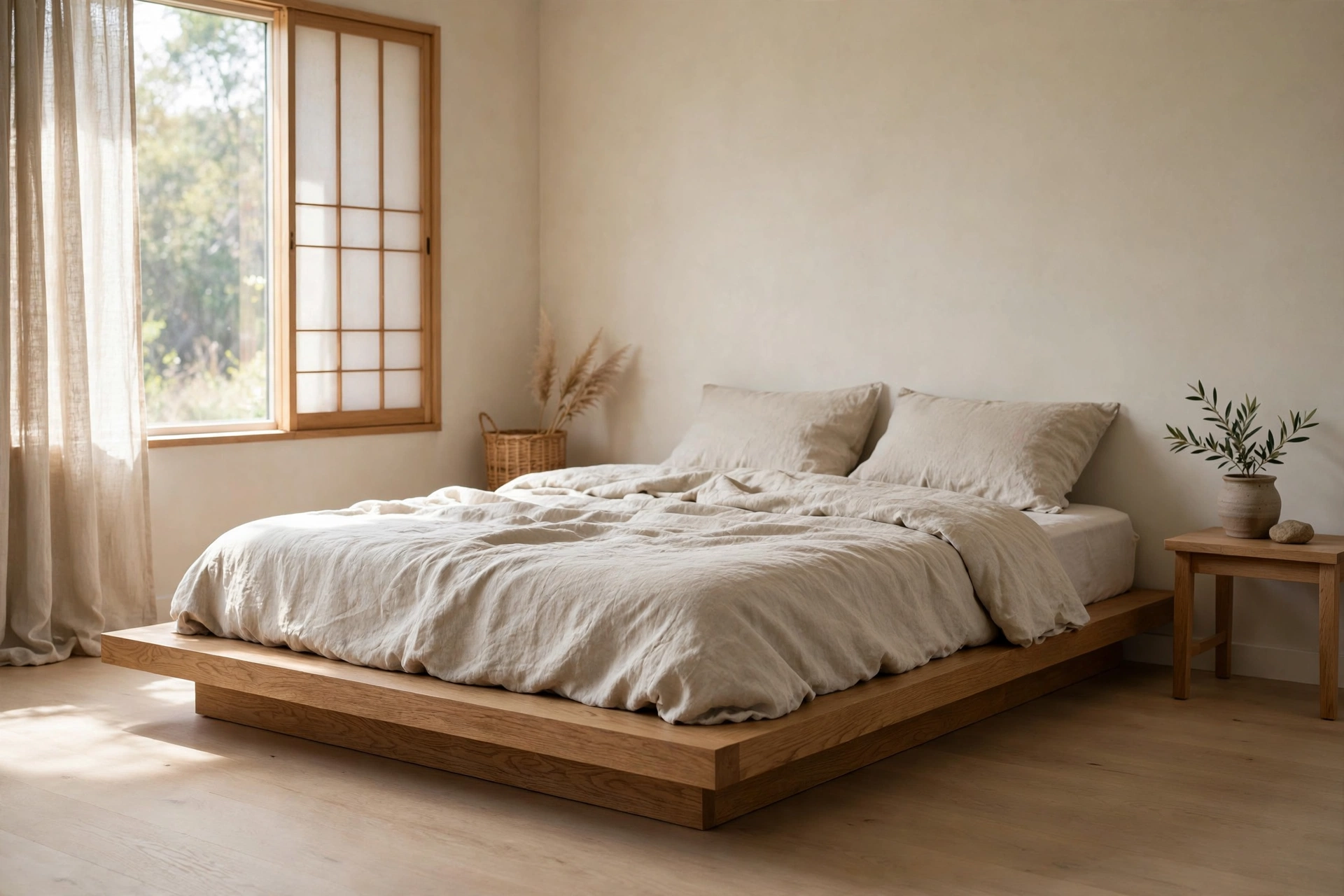 Low wooden platform bed frame in a Japandi bedroom design