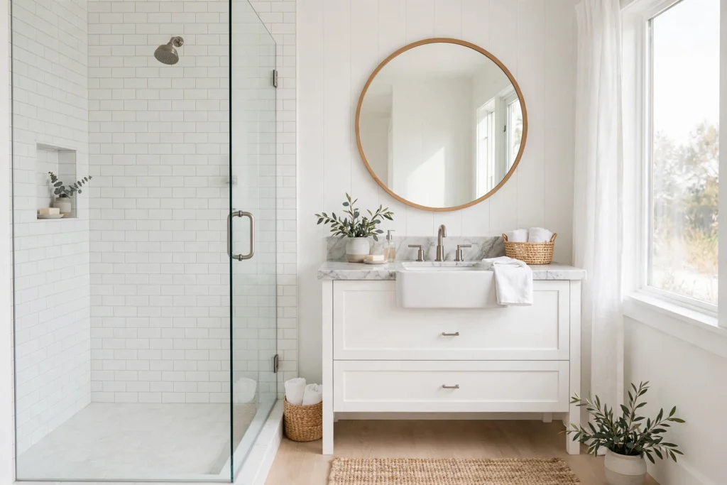 Bright all-white coastal bathroom with subway tile shower and marble vanity