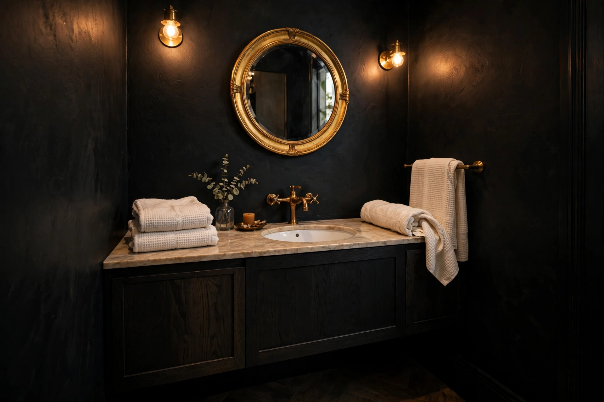 Matte black bathroom walls with brass faucets, a gilded mirror, and cream towels in a moody powder room.
