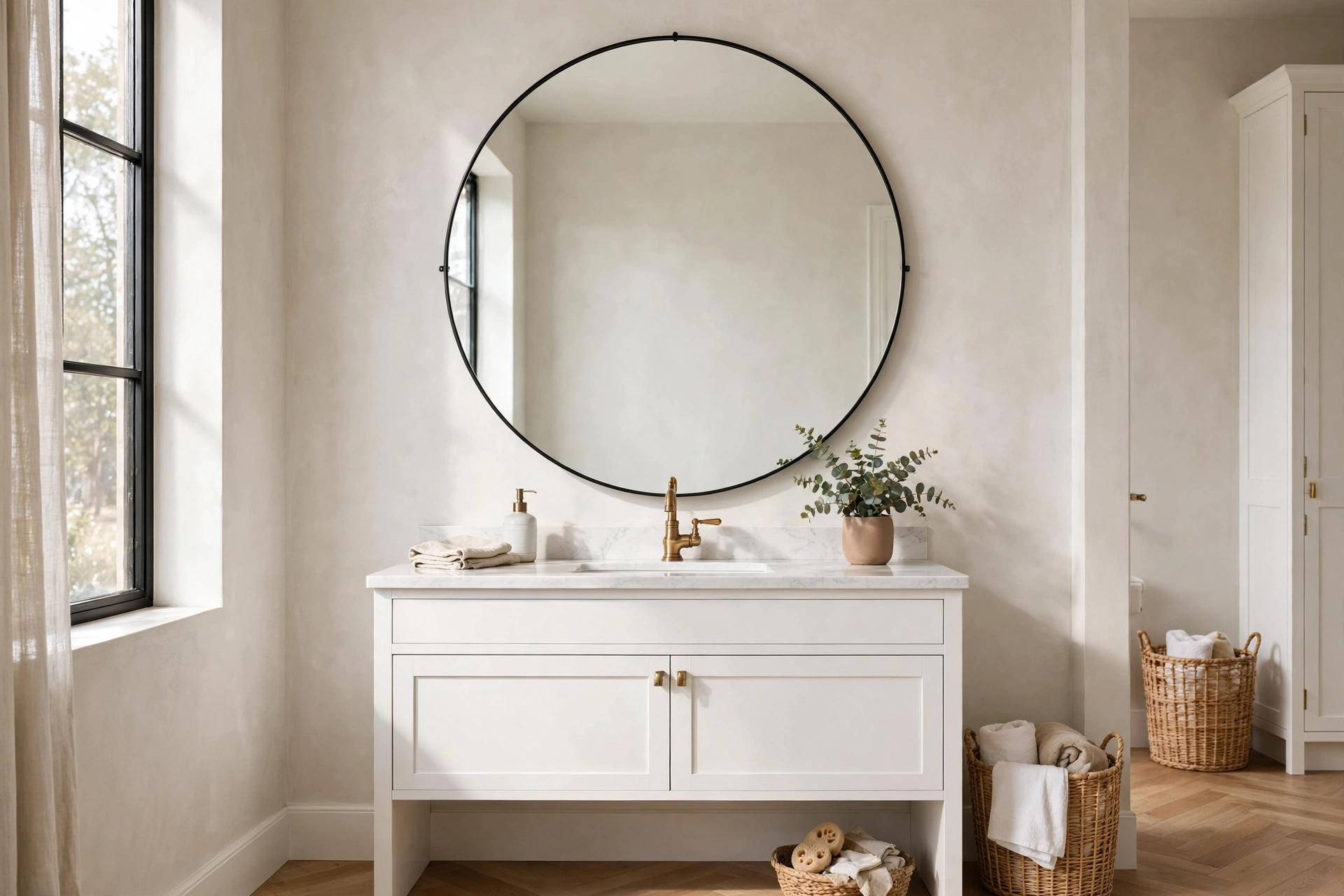 Oversized round bathroom mirror with a thin black frame hung over a white vanity with brass faucet.