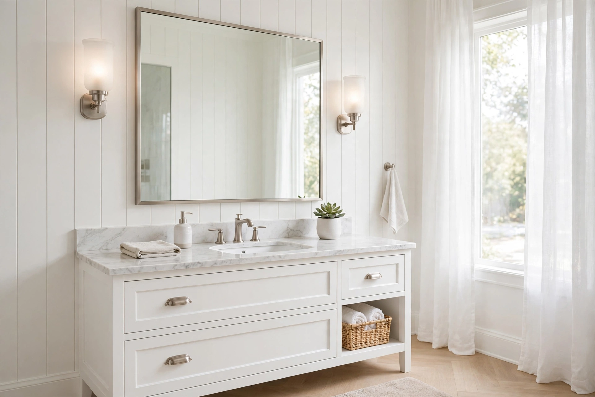 Bathroom sconces flanking a mirror at eye level with frosted glass shades casting soft shadow-free light.